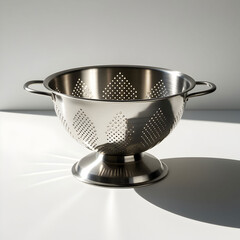 Metal colander on white background