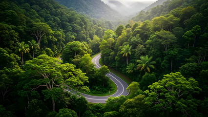 Aerial view of a winding road through a lush green tropical rainforest
