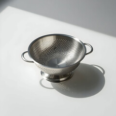 Metal colander on white background