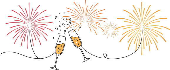 Palm tree silhouette vector illustration for a New Year's Eve celebration with champagne glass and fireworks gold design