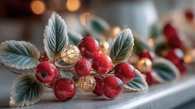 Sparkling Christmas Berries Frosted Leaves Golden Orbs Warm Festive Ambiance