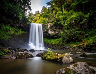 Lush waterfall cascades over rocks, surrounded by green foliage