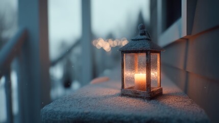 Frosted lantern on a porch with residual candlelight soft volumetric light creating gentle glow snow dusted surface minimal