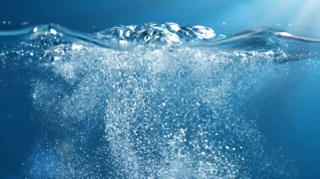 Bubbling water with air bubbles rising to the surface in a blue environment.