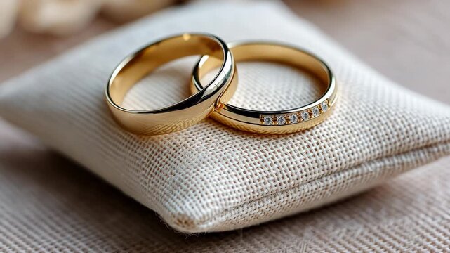 Golden wedding rings on elegant fabric cushion showcasing love and commitment in luxurious setting