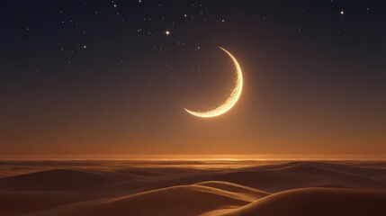 Golden crescent moon and stars above serene sand dunes soft warm light casting intricate shadows subtle haze enhancing