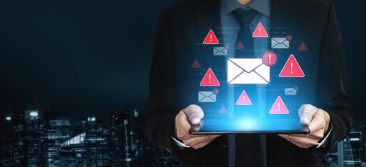 Concept of a cybersecurity warning for unsafe email communication. This alert signifies a phishing...