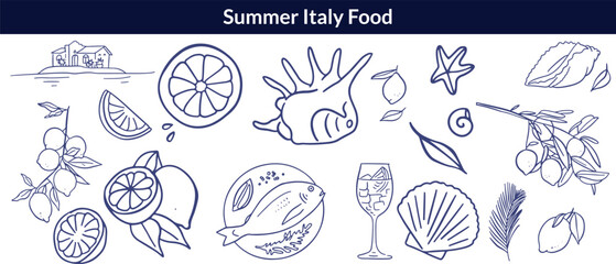 Summer Italy food print, hand drawn travel Mediterranean icon set Italian vintage vacation emblem. Traditional cuisine elements, Amalfi lemon silhouette wine glass bottle. Italy summer coastal big set