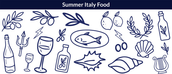 Summer Italy food print, hand drawn travel Mediterranean icon set Italian vintage vacation emblem. Traditional cuisine elements, Amalfi lemon silhouette wine glass bottle. Italy summer coastal big set