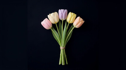 Bouquet of Tulips: A captivating bouquet showcases the elegance of spring, featuring vibrant tulips tied together, offering a fresh, natural aesthetic. 