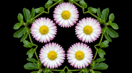 Floral Starburst: Five delicate daisy blooms are artfully arranged in a star formation. Each petal gleams with pristine beauty, complemented by vibrant green foliage against a striking backdrop.
