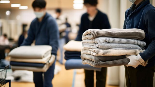 災害時の避難所で毛布を準備するボランティアや支援スタッフ