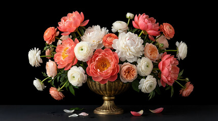 Blossom Arrangement: A luxurious floral arrangement bursting with a vibrant mix of coral peonies and elegant white flowers set against a dark backdrop.