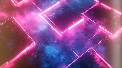 Vibrant abstract neon geometric shapes float in a dark cosmic space with glowing blue and pink light effects
