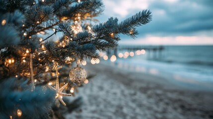 Christmas tree decorations on a beachfront holiday