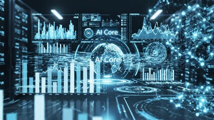 AI core data visualization digital globe futuristic interface dark server room technology concept artificial intelligence big data analysis virtual display global connection information system - Powered by Adobe