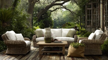 Cozy wicker patio furniture sits on a wooden deck surrounded by lush greenery.