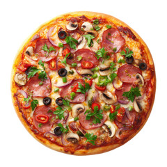 A delicious homemade pizza topped with salami, mushrooms, olives, peppers, onions, and fresh herbs, captured on a transparent background for food advertising, and culinary branding projects.