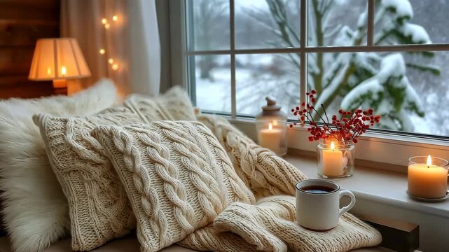 Cozy winter window seat with candlelight and snowy view in evening ambience