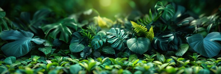 Dense tropical foliage featuring vibrant green leaves and striking blue-green ferns. This lush and verdant backdrop is ideal for ecological themes, nature photography, and graphic design backgrounds.
