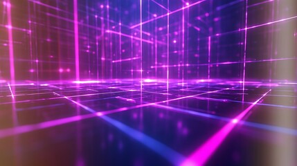 Abstract purple and blue glowing laser grid lines in a dark digital space background