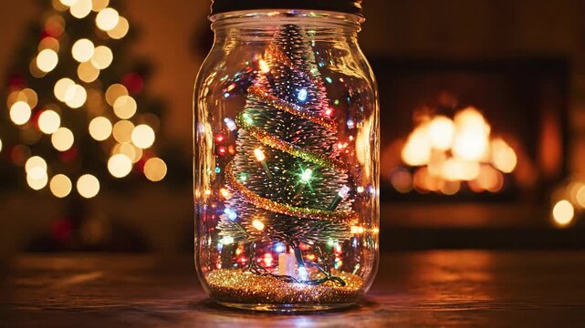 Christmas tree lights in a glass jar festive decoration background