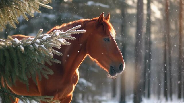 Majestic Chestnut Horse Portrait Snowy Forest Winter Sunlight Gentle Snowfall Serene Nature Wildlife Beauty