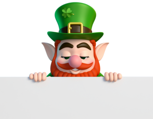 Irish cartoon leprechaun character holding a blank sign or placard with a green hat and clover for St Patrick's Day fun