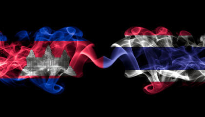 The Thailand and Cambodia flags are shown blowing violently in directly opposite directions, visually representing a fundamental disagreement, opposing interests, or a sharp political divide