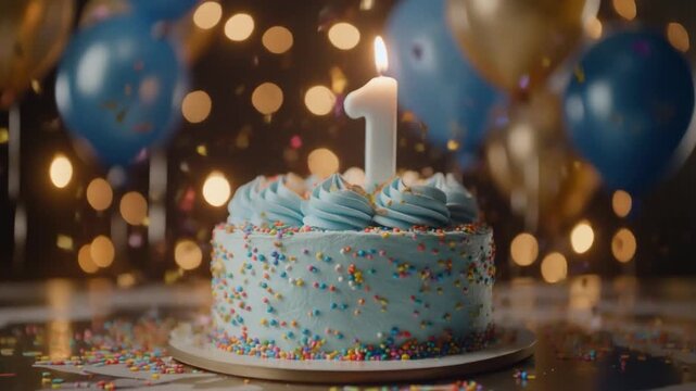Blue first birthday cake with a number-one candle, colorful sprinkles, balloons, and festive bokeh lights creating a cheerful celebration scene.