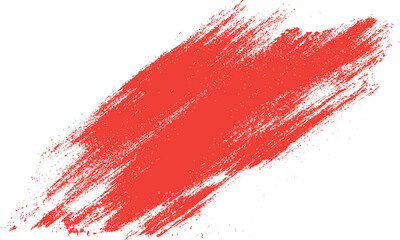 Bright red paint brush stroke texture with rough edges and scattered speckles on a white background abstract design element