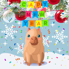 Obraz premium vector capybara animal. Cartoon happy (capy) new year party clip art. Hand drown design card. 