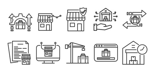 operations strategy Icon Pack in Creative Outline Vector Style for Management Analytics Finance Inventory Mobile Dashboard Smart Office Solutions and Enterprise Use