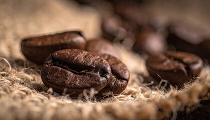 Close up of dark roasted coffee beans resting on burlap fabric with shallow depth of field soft focus background rich brown color macro view high detail textured surface