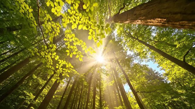 Bottom-up view of tall green trees with sunlight shining through vibrant leaves, creating a bright, peaceful 4K nature scene filled with warm beams and lush forest atmosphere