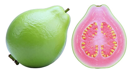Whole Green Guava Fruit and Half Pink Guava Fruit Showing Seeds Against Black Background Isolated Tropical Food Healthy Eating