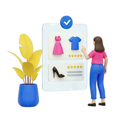 Woman Browsing Online Clothing Store Displaying Pink Dress Blue TShirt Black Heels with Star Ratings on Transparent Background