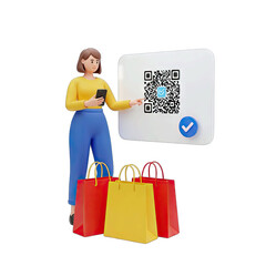 Woman Holds Smartphone Near QR Code Displaying a Checkmark and Shopping Bags Ready for Purchase Online Shopping Concept and Mobile Payment