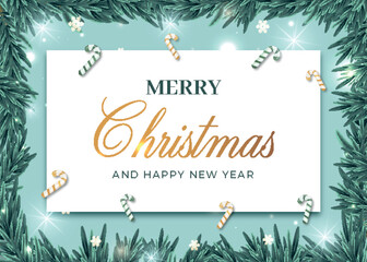 Elegant Merry Christmas and Happy New Year Greeting Card with Fir Tree Branches and Candy Canes