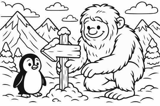 Children's coloring book &mdash; Yeti and penguin pointing to snowy mountain landscape with sign  