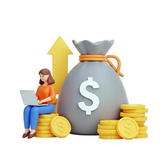 Woman with Laptop Sits on Coins Next to Money Bag and Upward Arrow Symbolizing Financial Growth and Investment Success