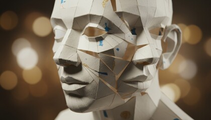 Fragmented low-poly paper human head sculpture with blue and gold markings stands against a dark background with warm bokeh lights, creating a contemplative and artistic mood