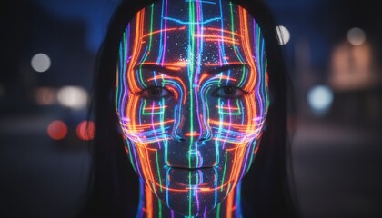 Woman's face with a colorful neon grid light projection looking intensely at the camera, creating a futuristic cyber concept on a dark blurry background with bokeh