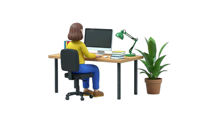 Woman Working At Desk With Computer Lamp And Plant On Transparent Background