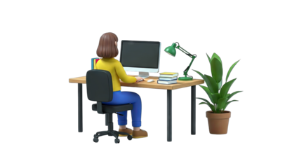 Woman Working At Desk With Computer Lamp And Plant On Transparent Background
