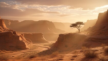 Vast desert canyon landscape with red rock formations and a solitary tree on a cliff during a beautiful golden sunset with hazy sunbeams and a winding road