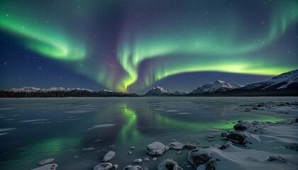 Vibrant green aurora borealis dancing in the starry night sky above a majestic frozen lake, reflecting its magical light on the ice and snow-covered mountains