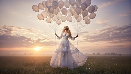 Elegant blonde woman in a beautiful flowing gown holding white balloons in a dreamy, misty meadow during a serene and magical golden hour sunrise