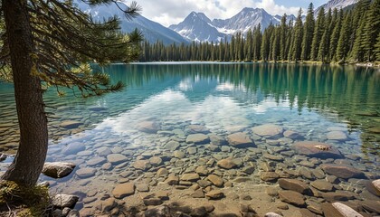Pristine turquoise alpine lake with clear water reveals a rocky bottom, reflecting a dense pine forest and majestic snow-capped mountains under a partly cloudy sky