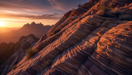 Layered red sandstone rock formation glowing warmly in the golden hour light with distant desert mountains silhouetted against a beautiful sunset sky
